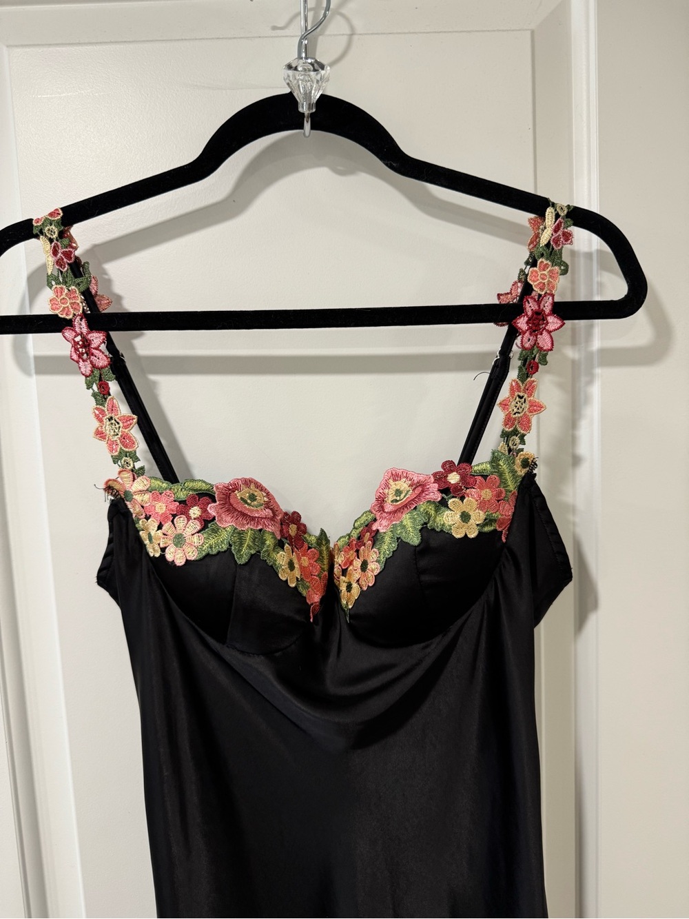 Black satin maxi dress with floral embroidery